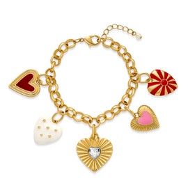 INNERDIVA Gold Heart Charm Bracelet for Women, 5 Unique Heart Pendants on Eco-Friendly Zinc Alloy Link Chain Jewelry Gifts