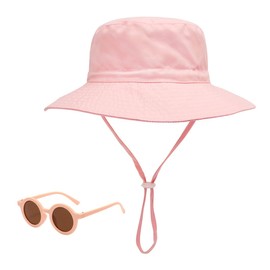 PSOWQ Pack of 1 Baby Sun Hat and Sunglasses, UV Protection UPF 50+ and Sun Protection, Summer Bucket Hat, Wide Brim Fishing Hat Children with Adjustable Chin Strap, Beach Hat for Girls, Boys, Pink,