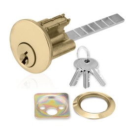 XFORT Polished Brass Rim Cylinder, Security 5 Pin Rim Cylinder Door Lock Complete with Components of Three Keys, Trim Ring and Shim.