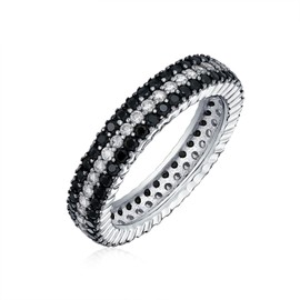 Pave Cubic Zirconia Two Tone 3 Row Stripe AAA CZ Statement Black & White Wedding Eternity Band Ring For Women .925 Sterling Silver