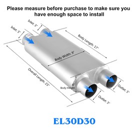 Universal Exhaust Muffler with Aggressive Sound, Mufflers 3.0 Inch Dul Inlet (ID) 3.0 Inch Dul Outlet (ID),3 Chamber Performance Mufflers 3 inch for Cars,Trucks(3" dual in | 3" dual out | overall 23")
