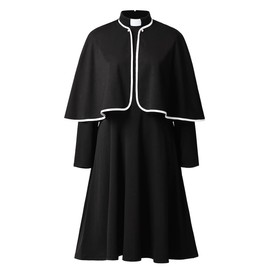 FAD-4U Church Clergy Dress for Women Minister Spring/Autumn Long Sleeve Dress with Mini Cape and Tab Collar Black