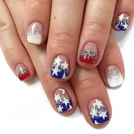 Independence Day Press on Nails Square Short Fake Nails with Glitter Star Designs Red White Blue French Tip Nails Press ons 4th of July Acrylic Nails Nude False Nails Stick on Nails for Women 24Pcs