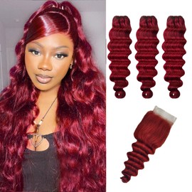 10A Loose Deep Human Hair Bundles with Closure,Burgundy Bundles with Closure 18 20 22+18inch 99j Win Red Colored Lace Closure with Bundles Brazilian Raw Quick Loose Wave Bundles
