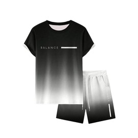 VIPWOLF Men's 2 Piece Outfits Letter Print Short Sleeve T Shirts and Drawstring Waist Shorts Tracksuits Black and White X-Large