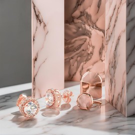 14K Rose Gold Plated Sterling Silver Zircon Gemstones Stud Handcrafted Earrings (Diamond Shaped)