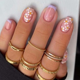 RikView French Press on Nails Short Fake Nails Purple Nails with Flower Design Square Acrylic Nails