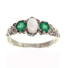 925 Sterling Silver Real Genuine Opal and Emerald Womens Band Ring - Size 7