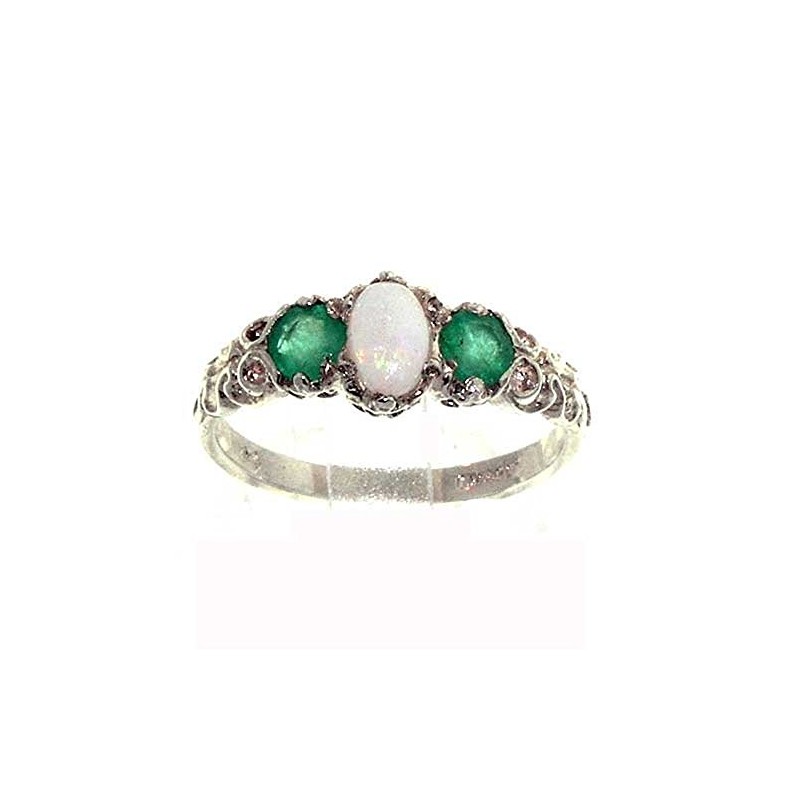 925 Sterling Silver Real Genuine Opal and Emerald Womens Band