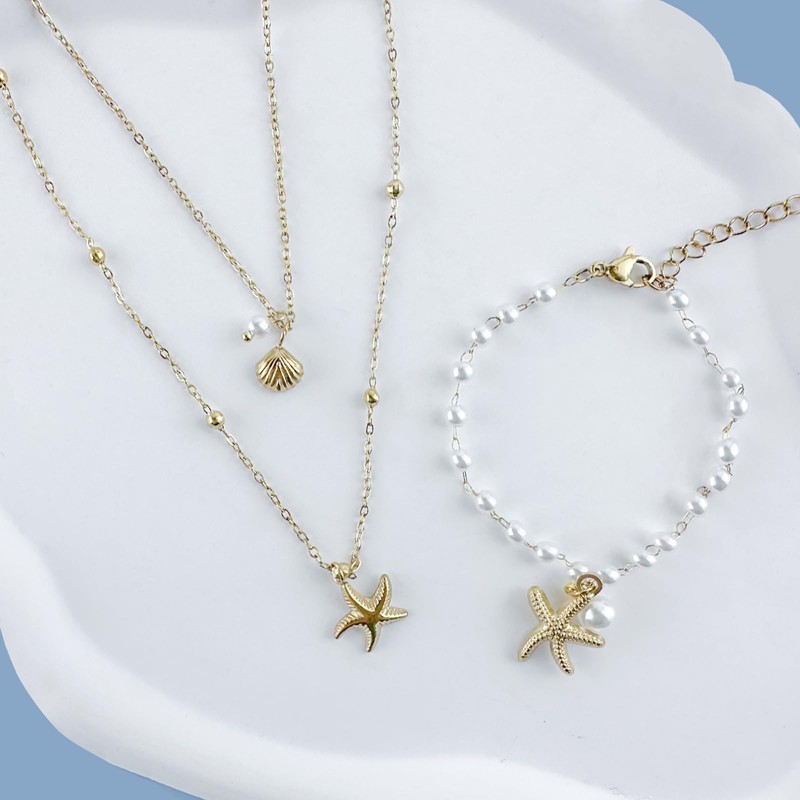 1 Pcs Shell Starfish Necklace and 1 Pcs Bracelet Adjustable