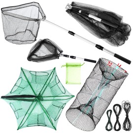 Windyun 3 Pcs Foldable Fishing Net Fishing Landing Net with Telescoping Pole Handle Collapsible Crab Trap Hexagon Fishing Bait Trap with Rope and Lure Bag for Crab Crayfish Shrimp (Gray Green)