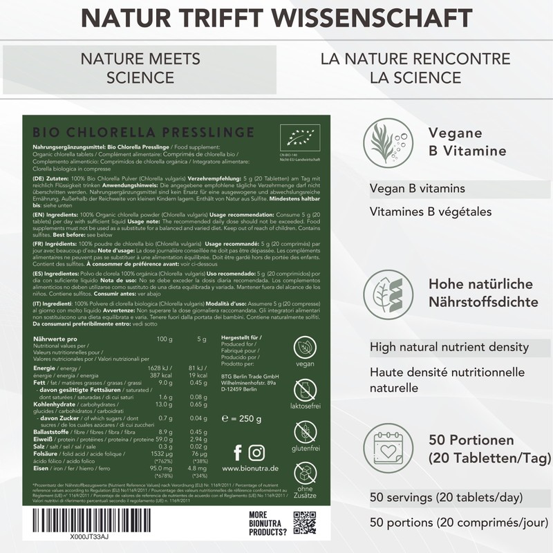 BioNutra Organic Chlorella Pellets without Additives, Residue-Controlled, Membrane Broken