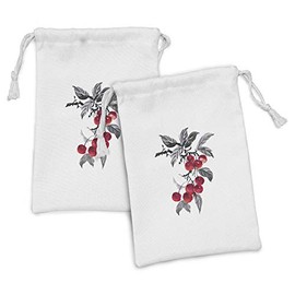 Ambesonne Rowan Fabric Pouch Set of 2, Branch of Rowan with Fruit in Watercolor Mountain Wild Nature Foliage Artwork, Small Drawstring Bag for Toiletries Masks and Favors, 9" x 6", Grey Red Black