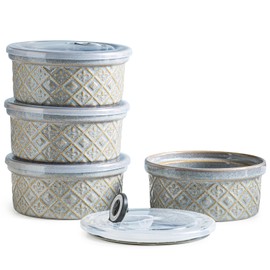 16 oz Ramekins with Lids Oven Safe, Ceramic Ramekins for Creme Brulee, Embossed Pudding Custard Ramekin for Baking Souffle, Porcelain Baking Bowls Set of 4, Gray