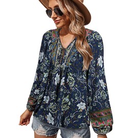 CNTSFS Blouse Women's Elegant Casual Boho V-Neck Floral Pattern Loose Tunic Women's Long Sleeve Summer, navy, M