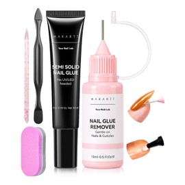 Makartt Kit di colla per unghie e dissolvenza, colla gel semi-solido 20 s, senza lampada + solvente preciso, per unghie finte e capsule, facile da principianti, posa e rimozione senza danneggiare