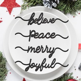 Christmas Cutouts Wood Table Place Card Believe Merry Peace Joyful Wood Word Holiday Place Settings for Christmas Thanksgiving Plate Decor Table Decorations (Black, 4)