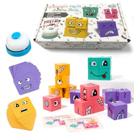 Face Changing Magic Cube Game,Wooden 3d Puzzle Face Changing Cube Game with Bell, Emoji Game Educational Puzzles Toy Board Games for Kids Christmas Birthday (A)