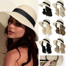 Qlenkay Straw Sun Hat with 10in Synthetic Hair Extension Short Wavy Curly Wig Wide Brim Women Adjustable Cap Detachable Hairpiece for Summer Travel Dark Black