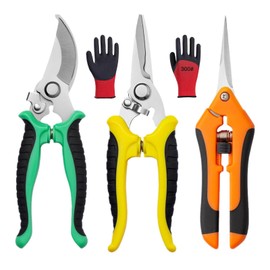 Pruning Shears Set - 3 Pack Garden Shears with Stainless Steel Blades, with Safe Lock Mechanism Handheld Garden Clippers, Gardening Snips, Garden Scissors, and Gardening Gloves