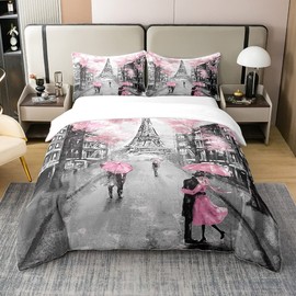 100% Cotton Paris Duvet Cover 135 x 200 cm, Pink and Grey Eiffel Tower Bedding Set for Teens Girls, Watercolour Cherry Blossom Comforter Cover, Romantic Couple Retro Grey Building Bed with 1