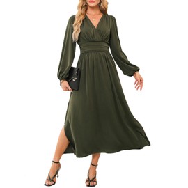 Dokotoo Wedding Guest Dresses for Women 2024 Wrap V-Neck Long Sleeve Empire Waist Dress Side Slit Ruched Party Club Prom Cocktail Maxi Dress Green X-Large