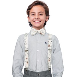 BELLUNO Boys' Floral Suspenders and Bow Tie Set, Pre-Tied Cotton Bowtie and Adjustable Suspenders for Boys - Beige