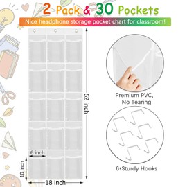 2 Pack Classroom Headphone Storage Organizer with 30 Pockets, PVC Clear Classroom Pocket Chart for Headphone Cell Phone Over-the-Door Hanging Headphone Holder Bag with 62 Labels(White)