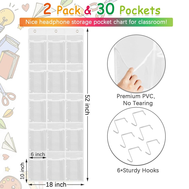 2 Pack Classroom Headphone Storage Organizer with 30 Pockets, PVC
