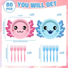 Cogniplay 80Pcs Axolotl Shaped Birthday Party Decorations 7 Inch Dessert Plates and Forks Cartoon Axolotl Dinner Paper Plates Dinnerware for Kids Boys Girls Party Baby Shower Supplies Favors