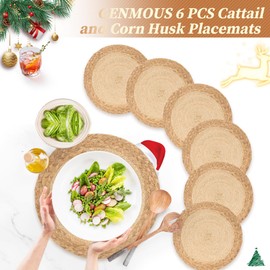 GENMOUS 13" Round Woven Placemats Set of 6, Natural Water Hyacinth Placemats with Corn Husk, Boho Rattan Chargers for Dinner Plates, Wicker Braided Table Place Mats for Home Wedding Party