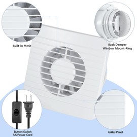 4inch Exhaust Fan, Window Wall Mount Vent Extractor Fan w/Button Switch, Cord for Kitchen Bathroom Workshop Garage (Grilles Panel with Mesh)
