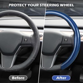 frani Leather Steering Wheel Cover, Universal 15 Inch Premium Non-Slip Steering Wheel Cover Blue Carbon Fiber Texture