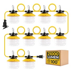 HYANGLUX 100FT 150W Ultra-Bright 21000 lumens Linkable Construction String Lights: Industrial Outdoor/Indoor Temporary Hanging Led Work Light for Attic Jobsite Garage Shop Lighting