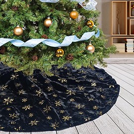 Atiming Black Christmas Tree Skirt Plush 30 inches Fur Christmas Tree Skirt with Gold Sequin Snowflake Xmas Tree Skirt Mat for New Year Holiday Christmas Day Decorations (Black-G, 78cm)