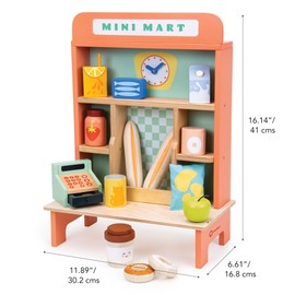 Mentari Toys - Mini Mart - 18pc Wooden Grocery Set and Stand - Pretend Play Food and Shopping Set for Kids - Encourages Social Skills, Imaginative Play, and Early Math - Age 3+