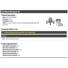 Front Wheel Hub and Bearing Repair Kit - with Retaining Ring and Axle Nut - 5 Stud - Compatible with 2008-2012 Honda Accord