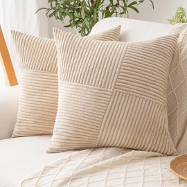 ZSkogur Decorative Throw Pillow Covers 20x20 Inch Set of 2 for Boho Living Room Farmhouse Home Decor, Spring Pillow Covers for Couch Bed, Soft Corduroy Striped Patchwork Cushion Cases, Tan