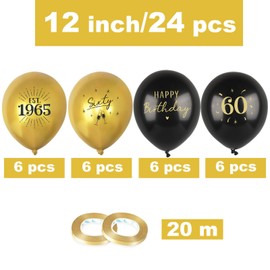 24pcs 60th Birthday Balloons Decorations for Men Women Black Gold Happy 60th Birthday Decorations Latex Balloons
