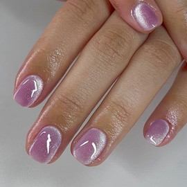 Lilac False Nails Glitter, SXVME Cat Eye Press on Nails Short Square, Sparkly Shiny Fake Nails, Cute Bling Glue on Nails Short Stick on Nails for Women Party Holiday Wear, 30 Pcs