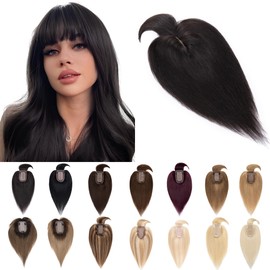 SEGO Hair Toppers for Women Real Human Hair With Bangs 7 * 13CM Silk Base 100% Remy Human Hair Clip in Top Wiglet Hair Pieces for Thinning Hair -16 Inch Natural Black