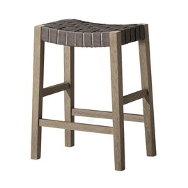 Maven Lane Emerson 26 Inch Tall Counter Height Backless Saddle Barstool in Weathered Grey Wood Finish with Ronan Stone Vegan Leather Seat