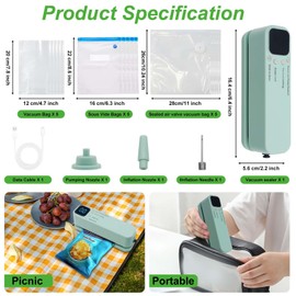 xoermioy 3 in 1 Mini Bag Vacuum Sealer with 15 Snack Bags，Cordless Rechargeable Sealer Digital Display Food Preservation Heat Sealer Machine for Dry/Moist Food Storage