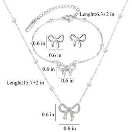 bike8 Gold Bow Necklace Bracelet Earrings Set for Women Gold Bowknot Choker Necklace Ribbon Stud Earrings Silver Bow Bracelet Christmas Holiday Jewelry (Silver)