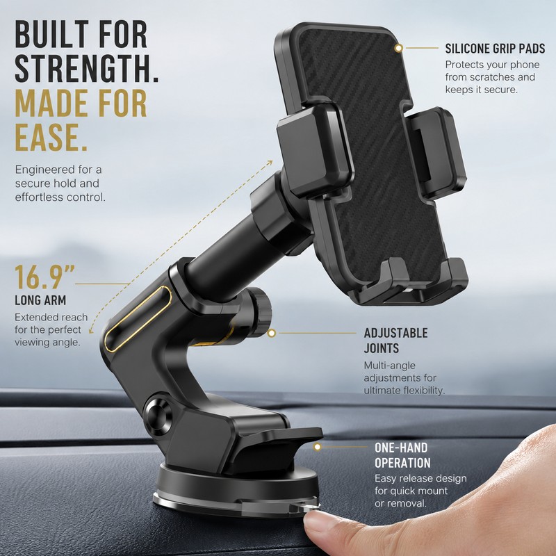 Long Arm Truck Phone Holder for Dashboard and Windshield –