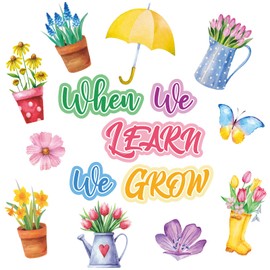45 Pcs Spring Floral Cutouts Flower Potted Butterfly Bulletin Board with 100 Pcs Glue Points When We Learn We Grow Classroom Decoration Set Wall Decals for School Party Teacher Supplies