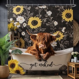 Yookeb Funny Highland Cow Bull Bathroom Shower Curtain 60W by 71H Inch Rustic Farmhouse Sunflower Get Naked Animal Hilarious Polyester Fabric 12 Plastic Hooks Waterproof Decor