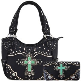 Western Style Rhinestone Cross Conchos Studded Women Purse Tooled Leather Handbag Country Shoulder Bag Trifold Wallet Set (Black Set)