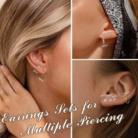 Thunaraz 9 Pairs Earrings Sets for Multiple Piercing Hypoallergenic 14K Gold Plated Small Huggie Hoop Earrings Tiny Ball CZ Gold Flat Back Stud Earrings for Women Lobe Gold Helix Cartilage Earrings