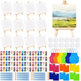 48PCS 12 Sets Printed Canvas Paint Art 12 Pcs Wooden Easel Set Paint Pots and Brushes and 12 Pre Drawn Canvas Panel 12 Pcs Mini Apron and Tote Bag for Kids(blank-4x4IN)